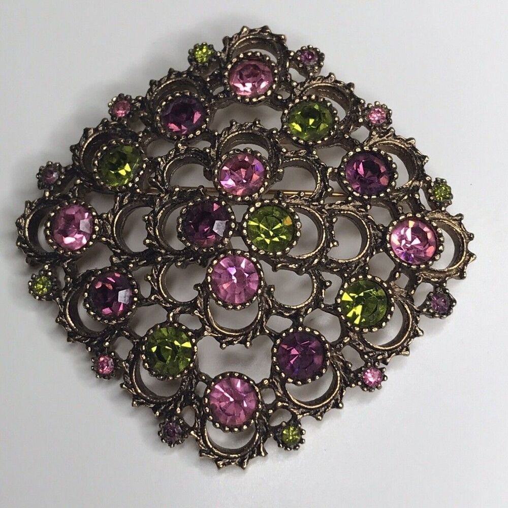 Vintage Sarah Coventy Brooch Pin Pink Green Large Bold Statement Austrian Lights
